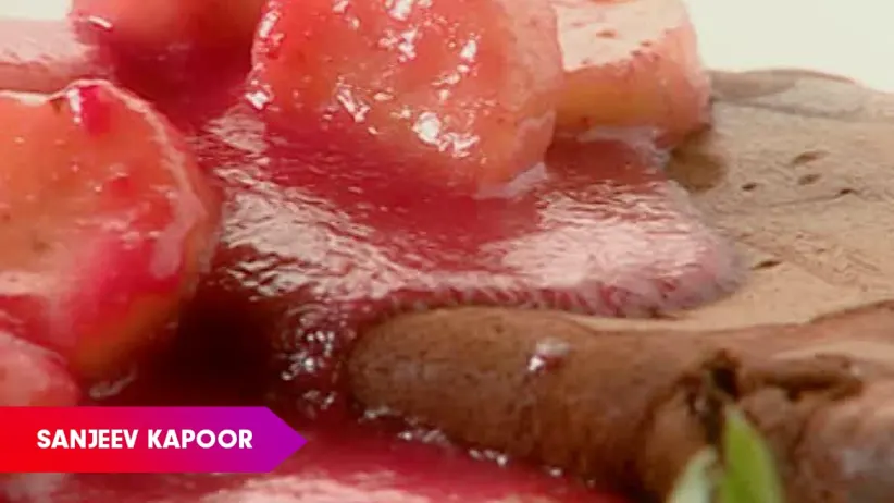 Chocolate Pancacke with Strawberry and Banana Sauce - Khana Khazana