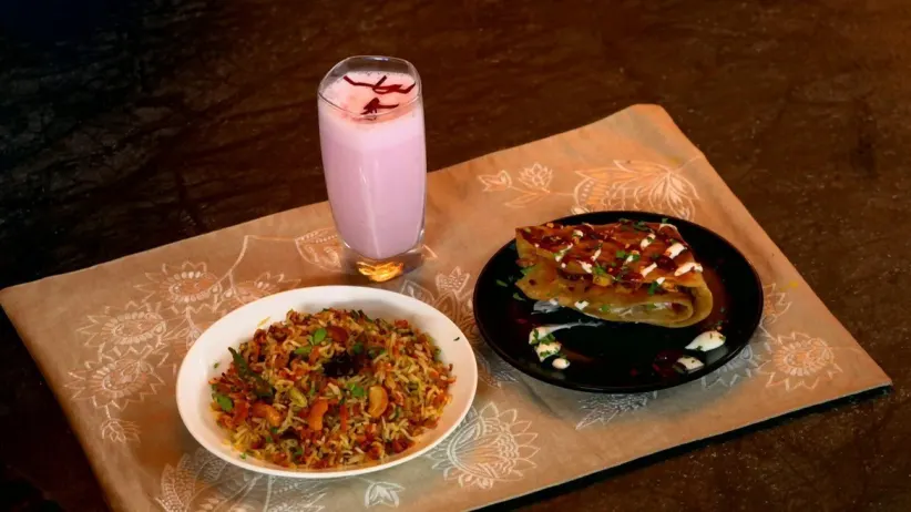 Gajar Pulav, Paneer Wrap and Rose Lassi